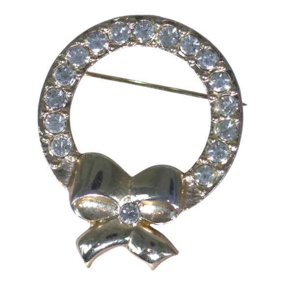 Gold Circle Brooch with Bow and Clear Rhinestones – Vintage 1" Holiday Jewelry - Picture 1 of 6